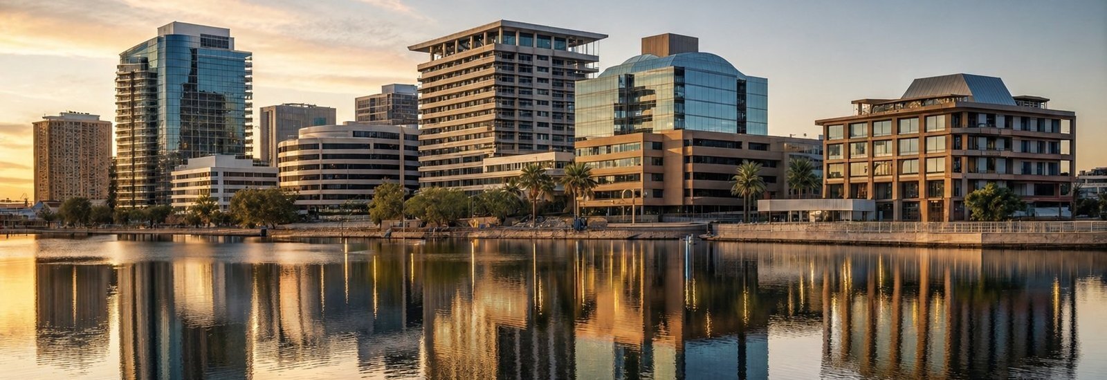 South Pier at Tempe Town Lake. Mid-rise residential and mixed-use towers along the south shore of Tempe Town Lake at golden hour. Tempe Town Lake mixed-use development.