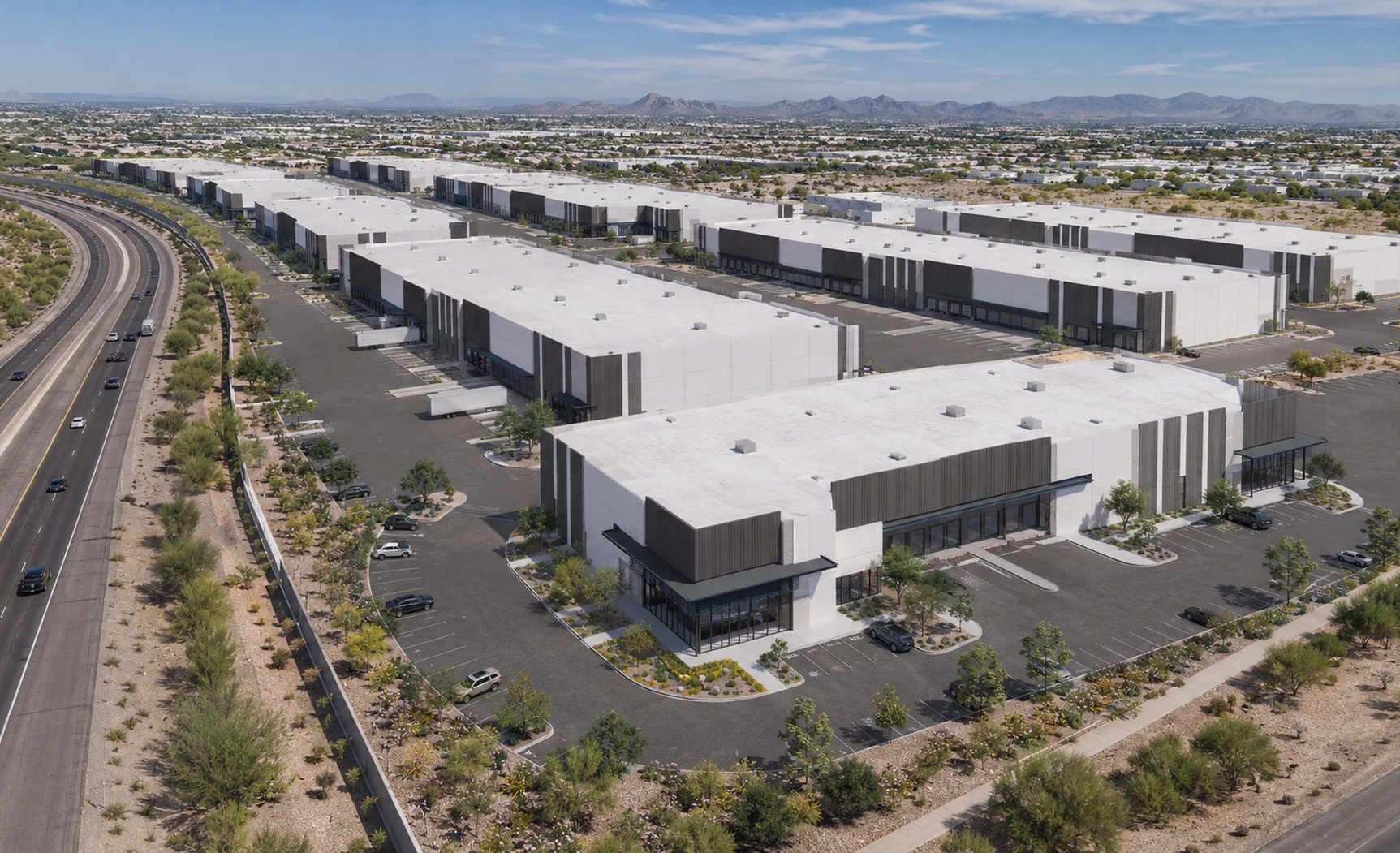 The Hub at 202. Conceptual aerial rendering of the ten-building park on the 88.5-acre infill site along the Loop 202 corridor, Mesa.