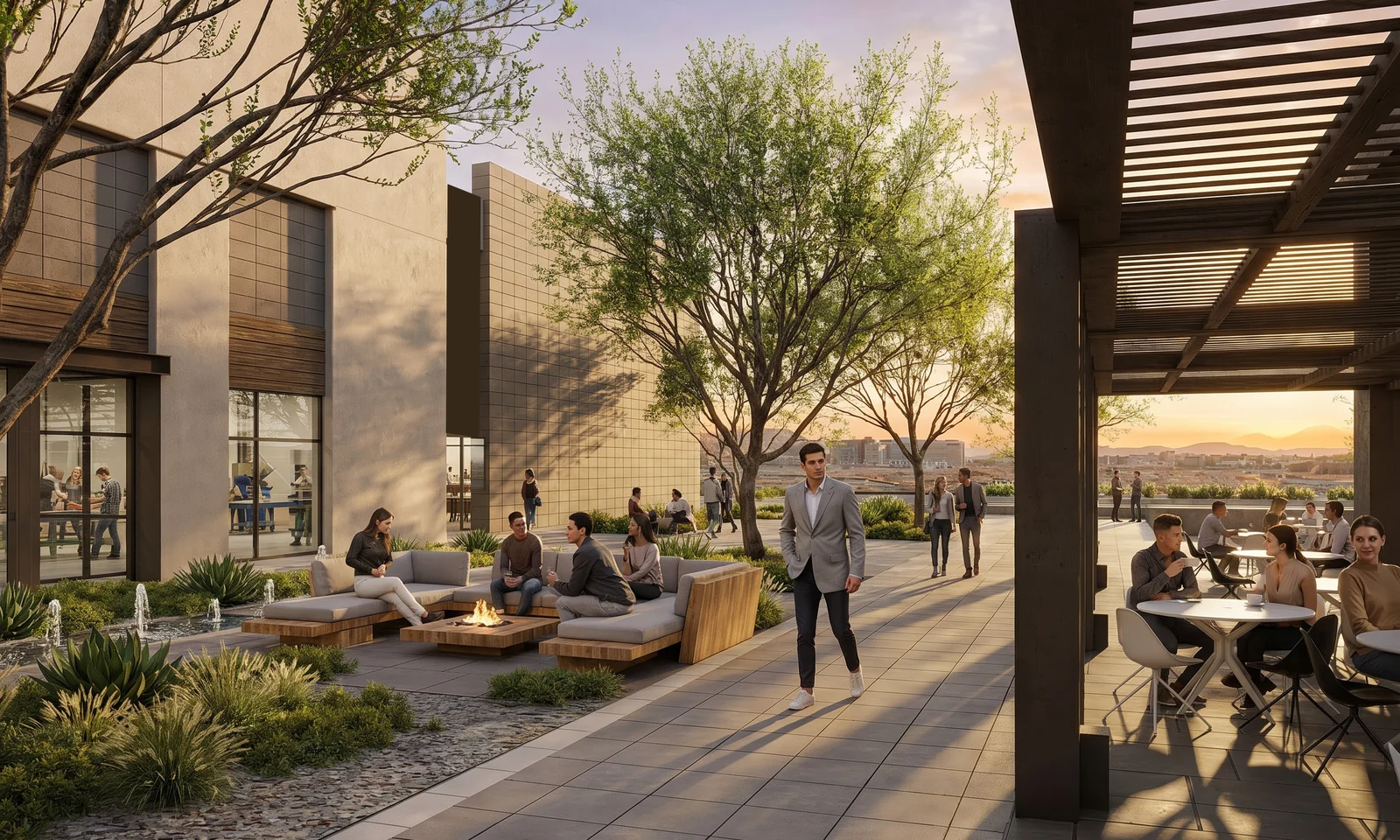 Morrison Ranch BizTech Park Gilbert. The shaded outdoor amenity terrace with seating and fire features at sunset. Amenitized BizTech park Arizona.