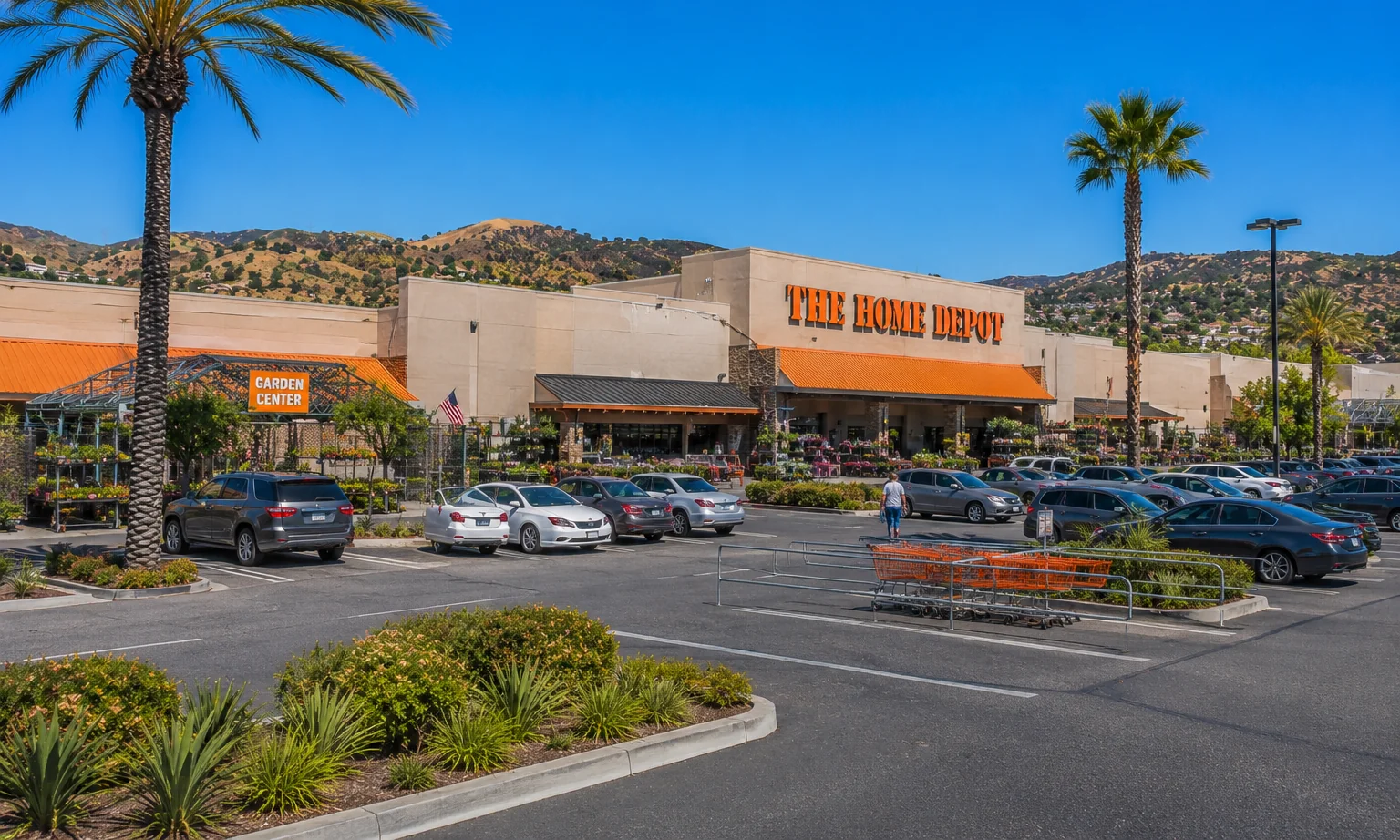 Savi Ranch Yorba Linda. The Home Depot anchor storefront and garden center, framed by palm trees with the Santa Ana foothills beyond. Orange County retail real estate.
