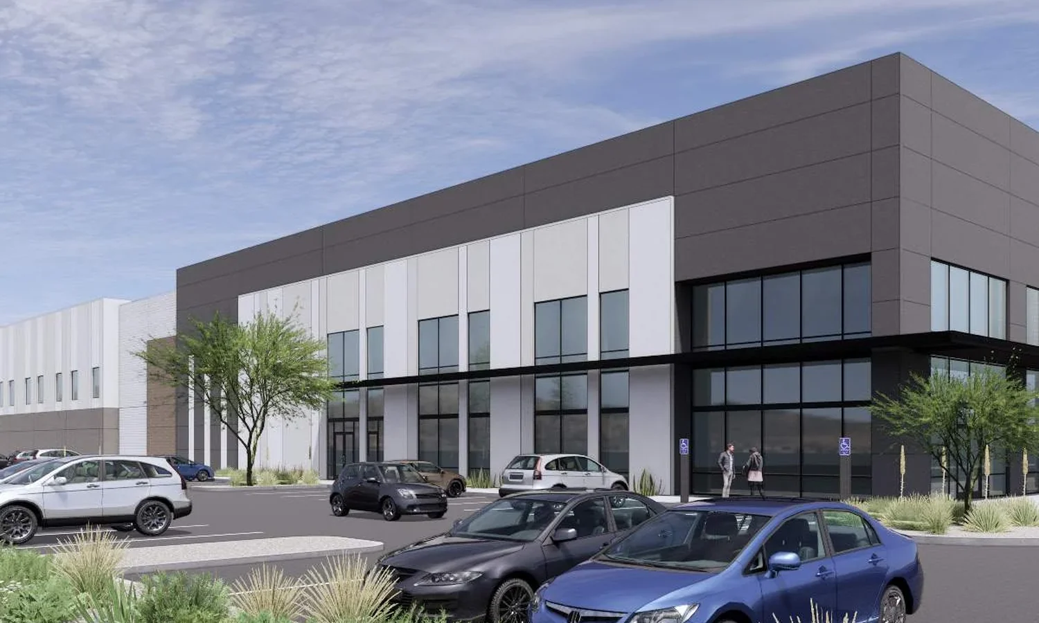 The office entry. Glass curtain-wall corner and two-story office frontage of a Class A building on the master plan.