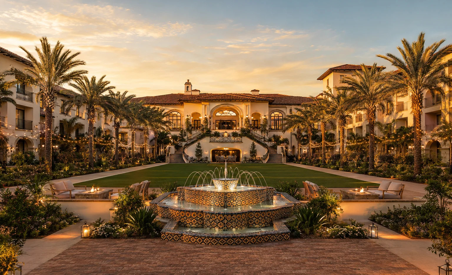 Four Seasons Aviara. The grand-villa courtyard and fountain at dusk, the resort's defining address.