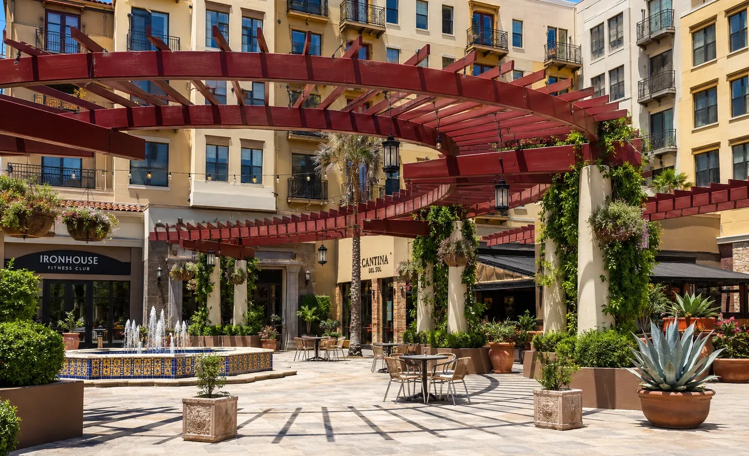 Paseo Colorado. The landscaped courtyard plaza at the heart of the mixed-use urban village.