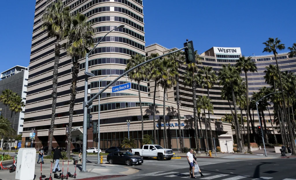 Shoreline Square. The curved Class A office tower and the Westin hotel at Long Beach Boulevard.