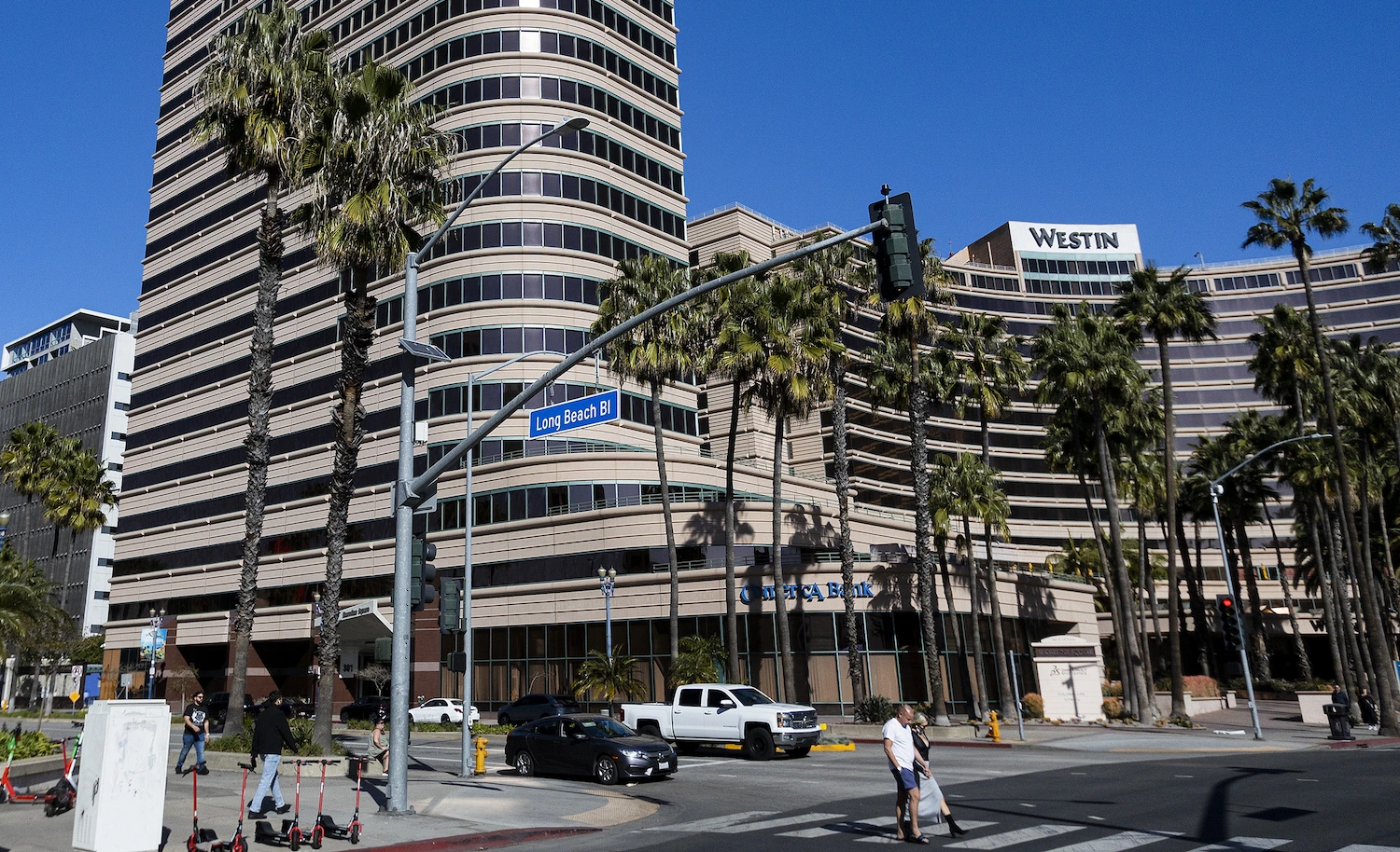 Shoreline Square. The curved Class A office tower and the Westin hotel at Long Beach Boulevard.
