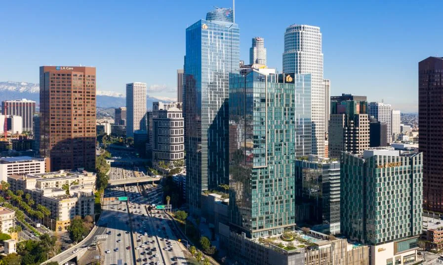LA Center downtown Los Angeles. The site along the 110 Harbor Freeway at the western edge of the downtown office market. Los Angeles commercial real estate.