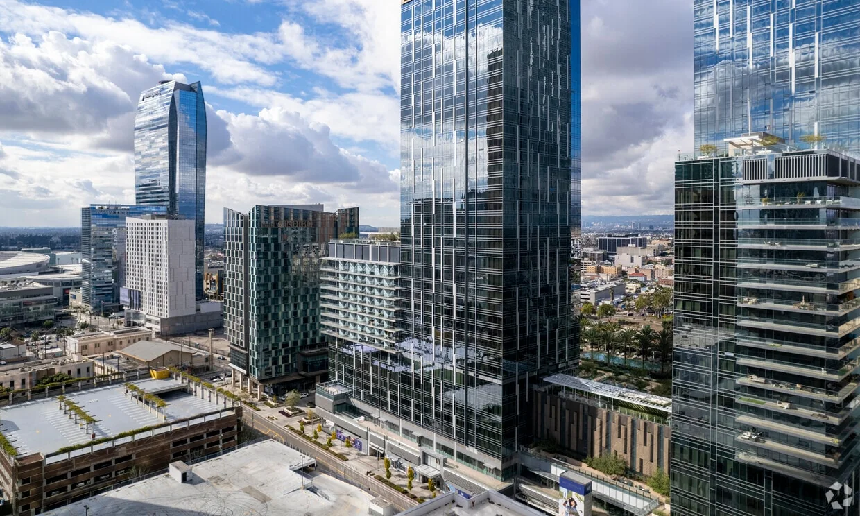 LA Center downtown Los Angeles. The high-rise office towers at the heart of the downtown corridor. Los Angeles office real estate.