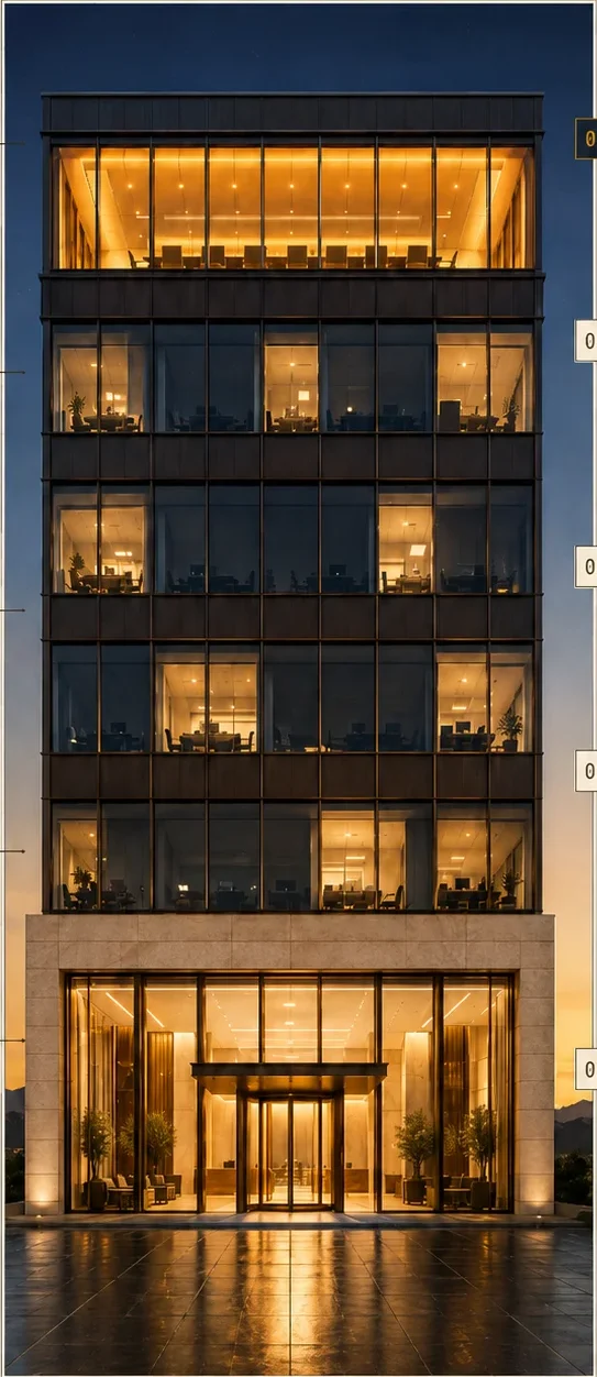 Photoreal twilight elevation of a slender Class A institutional tower with a gold-lit penthouse, three middle floors with irregular interior lighting, and a brightly lit lobby with light spilling onto a stone plaza, the operating asset Silverado Holdings stewards across the full hold cycle. Commercial real estate asset management and long-term ownership.